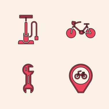 Yeri bisiklet, bisiklet hava pompası ve İngiliz anahtarı simgesi ile ayarlayın. Vektör.