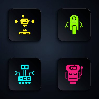 Robot bataryasını, parçalanmış robotu ayarlayın ve... Siyah kare düğme. Vektör.