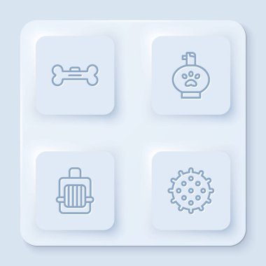 Sabit çizgi köpek kemiği, evcil hayvan şampuanı, çanta ve tenis topu. Beyaz kare düğme. Vektör.