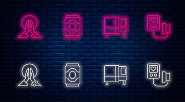 Soda kutusu, yatak, meditasyon ve kan basıncı ayarlayın. Tuğla duvarda parlayan neon simgesi. Vektör.