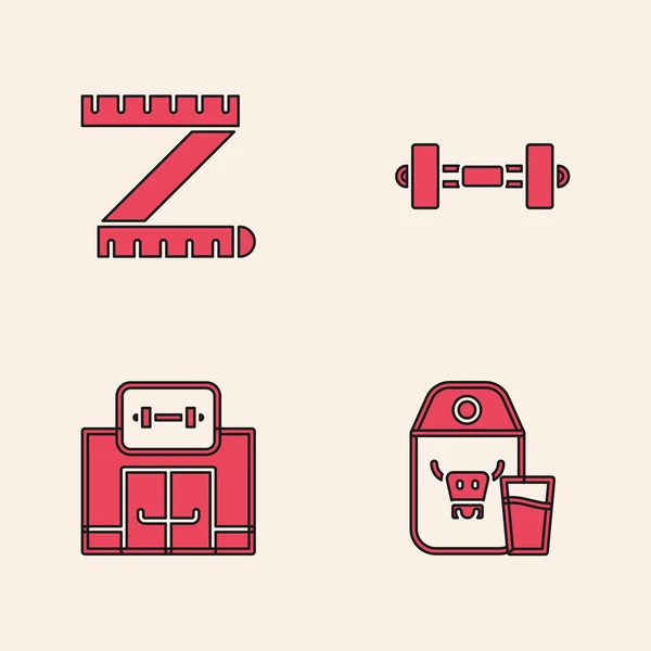 Állítsa Papír Csomag Tej Szalag Intézkedés Dumbbell Tornaterem Épület Ikon — Stock Vector