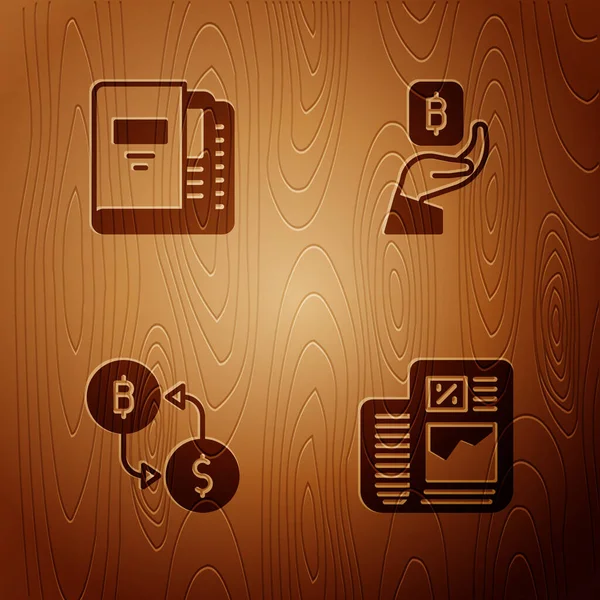 ビジネス財務レポート Officeフォルダ 暗号化交換 手を木製の背景にBitcoinを保持します ベクトル — ストックベクタ