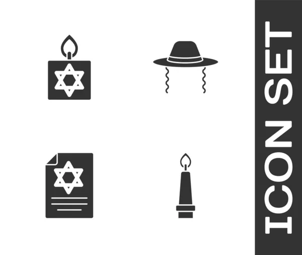 Set Vela Ardiente Torá Scroll Icono Del Sombrero Judío Ortodoxo — Vector de stock