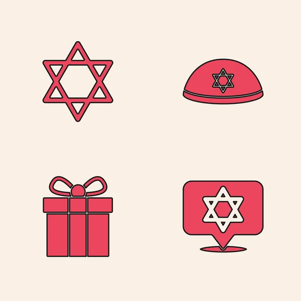 Set Estrella David Kippah Judío Caja Regalo Icono Vector — Vector de stock