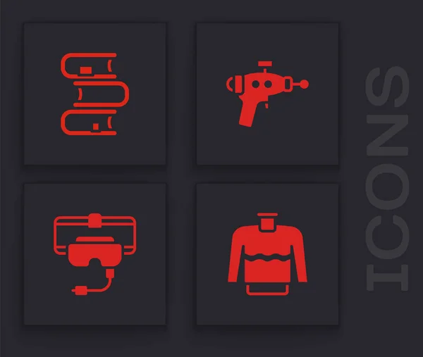 Set Sweater, Book, Ray gun and Virtual reality glasses icon. Vector.