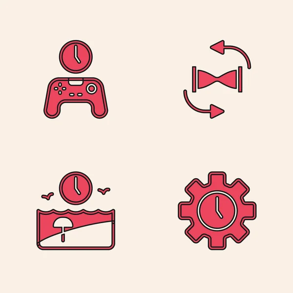 Set Time Management Gamepad Time Old Hourglass Sand Vacation Icon — Stock Vector