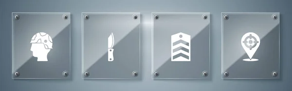 ターゲットスポーツ シェブロン 軍のナイフと陸軍兵士を設定します 正方形のガラスパネル ベクトル — ストックベクタ