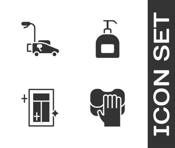 Set Servicio Limpieza Cortacésped Para Ventana Botella Jabón Líquido Icono — Archivo Imágenes Vectoriales