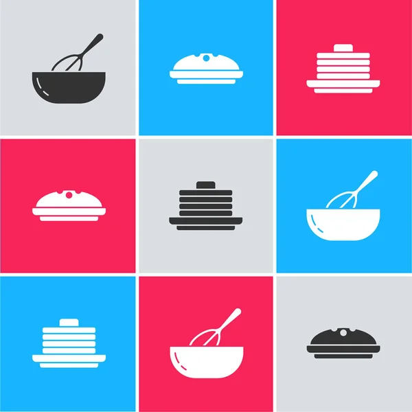 Set Kitchen Whisk Bowl Homemade Pie Stack Pancakes Icon Vector — Stock Vector