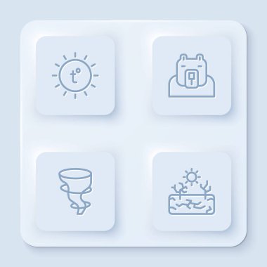 Güneş hattı, Kutup ayısı başı, Kasırga ve Kuraklık. Beyaz kare düğme. Vektör.