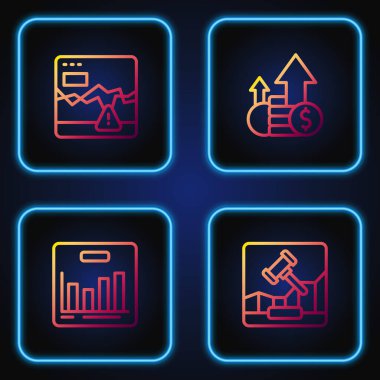 Set hattı Online açık artırma, turta grafiği bilgisi, başarısızlık borsası ve maddi büyüme ve madeni para. Renk simgeleri. Vektör.