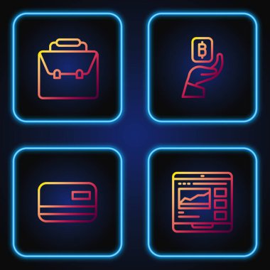 Satır ticaret kursları, kredi kartı, evrak çantası ve Bitcoin tutan el çantası. Renk simgeleri. Vektör.