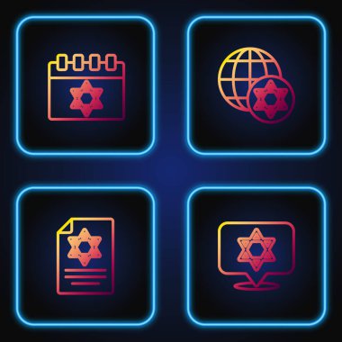 Davut 'un Yıldızı, Tevrat' ın tomarı, Yahudi takvimi, Dünya Küresi ve İsrail. Renk simgeleri. Vektör.