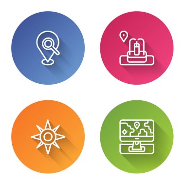 Satır Arama konumu, çeşmeli konum, Rüzgar yükseldi ve monitör işaretleyicisi. Renkli daire düğmesi. Vektör.