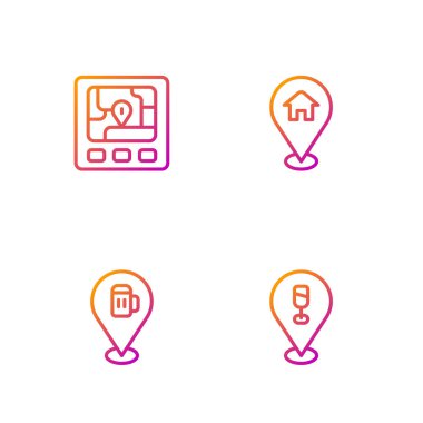 Alkol ya da bira barı konumu, haritalı GPS cihazı ve lokasyon evi ayarlayın. Renk simgeleri. Vektör.