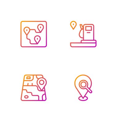 Hat arama konumu, şehir haritası navigasyonu, rota ve konum ve benzin istasyonu ayarlayın. Renk simgeleri. Vektör.