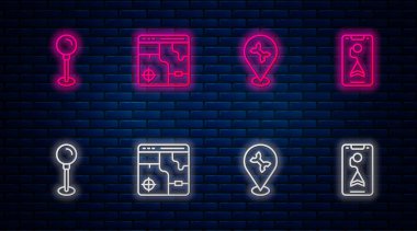 Şehir haritası, araba servisi, pimi ve şehir navigasyonunun bilgilerini ayarla. Tuğla duvarda parlayan neon simgesi. Vektör.