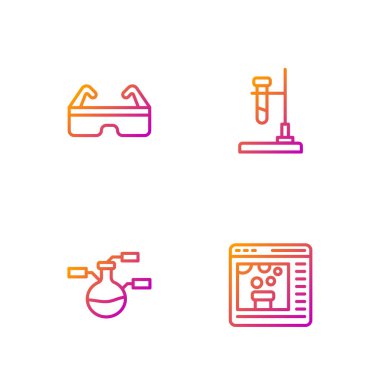 Hattı çevrimiçi hale getirin, deney tüpü ve matara, güvenlik gözlükleri ve ateş. Renk simgeleri. Vektör.