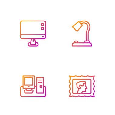 Satır posta pulunu, klavyeli monitörü, bilgisayar monitörü ekranını ve masa lambasını ayarla. Renk simgeleri. Vektör.