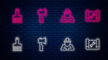 Ahşap baltayı, yapıcıyı, boya fırçasını, duvar kâğıdını ve anahtarı yerleştir. Tuğla duvarda parlayan neon simgesi. Vektör.