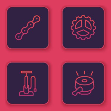 Hat kurun bisiklet zinciri, hava pompası, sproket kolu ve zil. Mavi kare düğme. Vektör.