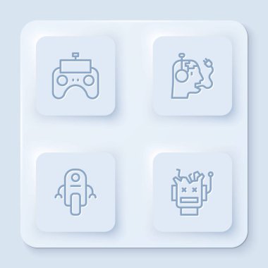 Hat kumandası, robot şarj pili ve bozuk robot ayarlayın. Beyaz kare düğme. Vektör.