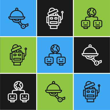 Garson robot, yapay zeka ve robot ikonu ayarla. Vektör.