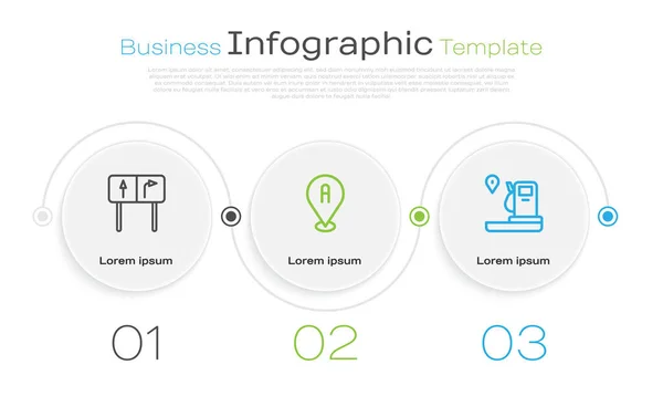 Establecer Línea Señal Tráfico Por Carretera Ubicación Gasolinera Plantilla Infografía — Vector de stock