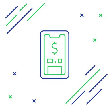 Beyaz arkaplanda dolar sembolü olan çizgi akıllı telefonu. İnternetten alışveriş konsepti. Finansal cep telefonu simgesi. Çevrimiçi ödeme. Renkli taslak konsepti. Vektör.