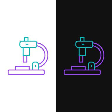 Çizgi mikroskobu simgesi beyaz ve siyah arkaplanda izole edildi. Kimya, ilaç aleti, mikrobiyoloji büyütme aracı. Renkli taslak konsepti. Vektör.