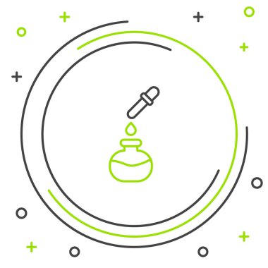 Çizgi Test tüpü ve beyaz arka planda izole edilmiş pipet ikonu olan kimyasal laboratuvar testi. Laboratuvar cam levhası. Renkli taslak konsepti. Vektör.