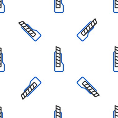 Çizgi kırtasiye bıçak ikonu beyaz arka planda kusursuz desen izole etti. Ofis kâğıt kesicisi. Renkli taslak konsepti. Vektör.