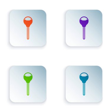 Renkli lolipop simgesi beyaz arkaplanda izole edildi. Yemek, lezzetli bir sembol. Kare düğmelere renkli simgeleri yerleştir. Vektör.