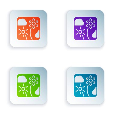 Beyaz arkaplanda izole edilmiş renkli Firework roket ikonu. Eğlence partisi anlayışı. Patlayıcı havai fişek sembolü. Kare düğmelere renkli simgeleri yerleştir. Vektör.