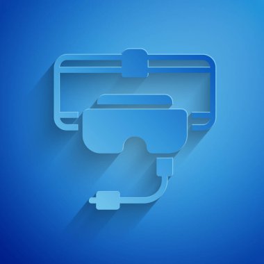Kağıt kesiği mavi arka planda sanal gerçeklik gözlüğü simgesi izole edilmiş. Stereoskopik 3D VR maskesi. Kağıt sanatı tarzı. Vektör.