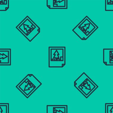 Mavi çizgi Noel kartpostal ikonu yeşil arka planda kusursuz desen izole etti. Mutlu Noeller ve mutlu yıllar. Vektör.