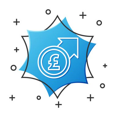 Beyaz çizgi Finansal büyüme ve sterlin madeni para ikonu beyaz arka planda izole. Gelirleri arttırıyorum. Mavi altıgen düğmesi. Vektör.