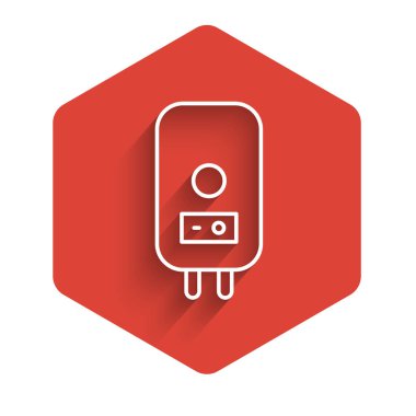 Isıtma su ikonu için beyaz hat elektrikli kazan uzun gölgeli izole edilmiş. Kırmızı altıgen düğmesi. Vektör.