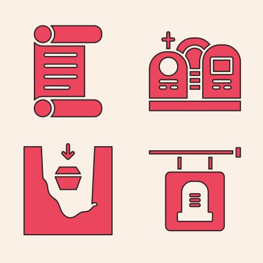 İmza mezar taşı, kararname, parşömen, parşömen, parşömen mezar taşı ve tabut ikonunda olsun. Vektör.