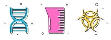 DNA sembolünü, laboratuvar cam süslemesini ya da deney tüpünü ve biyolojik tehlike simgesini ayarla. Vektör.