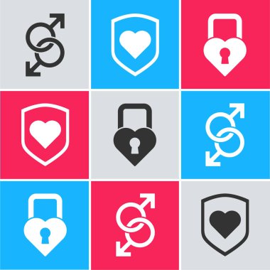 Erkek cinsiyet sembolü, kalkanlı kalp ve kalp ikonu şeklinde Castle. Vektör.