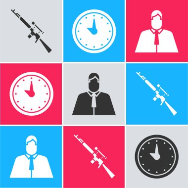 Keskin nişancı tüfeğini dürbünlü, saatli, avukatlı, hukukçu ikonlu ayarla. Vektör.