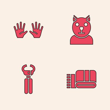 Havlu destesi, tıbbi lastik eldivenler, kedi ve tırnak makası ikonu. Vektör.