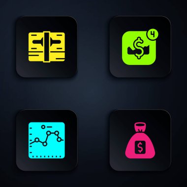 Para çantası, kağıt para yığını büyüme grafikli tarayıcı ve mobil hisse senedi ticareti. Siyah kare düğme. Vektör.