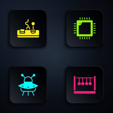 Sarkacı, Gamepad, UFO uçan uzay gemisini ve işlemciyi işlemciyle ayarla. Siyah kare düğme. Vektör.