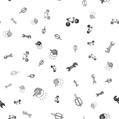 Bisiklet, pedal, İngiliz anahtarı ve kafa lambasını kusursuz desene ayarlayın. Vektör.