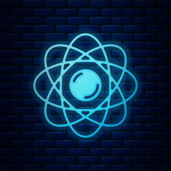 レンガの壁の背景に孤立したネオンアトムのアイコンを光る 核物理学 科学研究の象徴 ベクトル — ストックベクタ