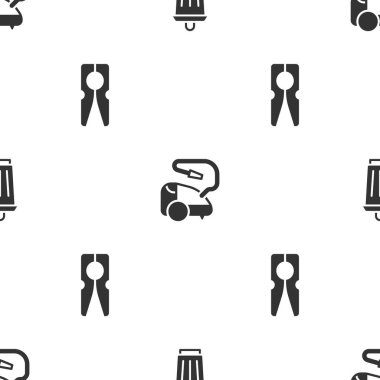 Çöp tenekesini, elektrikli süpürgeyi ve giysi iğnesini kusursuz desene ayarla. Vektör.