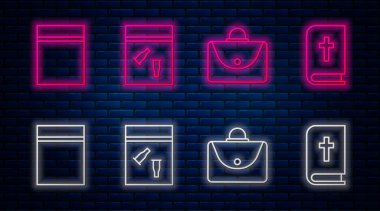 Delil torbasını, mermiyi, evrak çantasını plastik poşeti, fermuarı ve kutsal kitabı hazırla. Tuğla duvarda parlayan neon simgesi. Vektör.