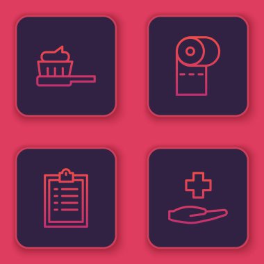 Diş fırçasını diş macunuyla, pano kontrol listesiyle, tuvalet kağıdı rulosuyla ve Cross hastanesinin sağlık raporuyla ayarla. Mavi kare düğme. Vektör.